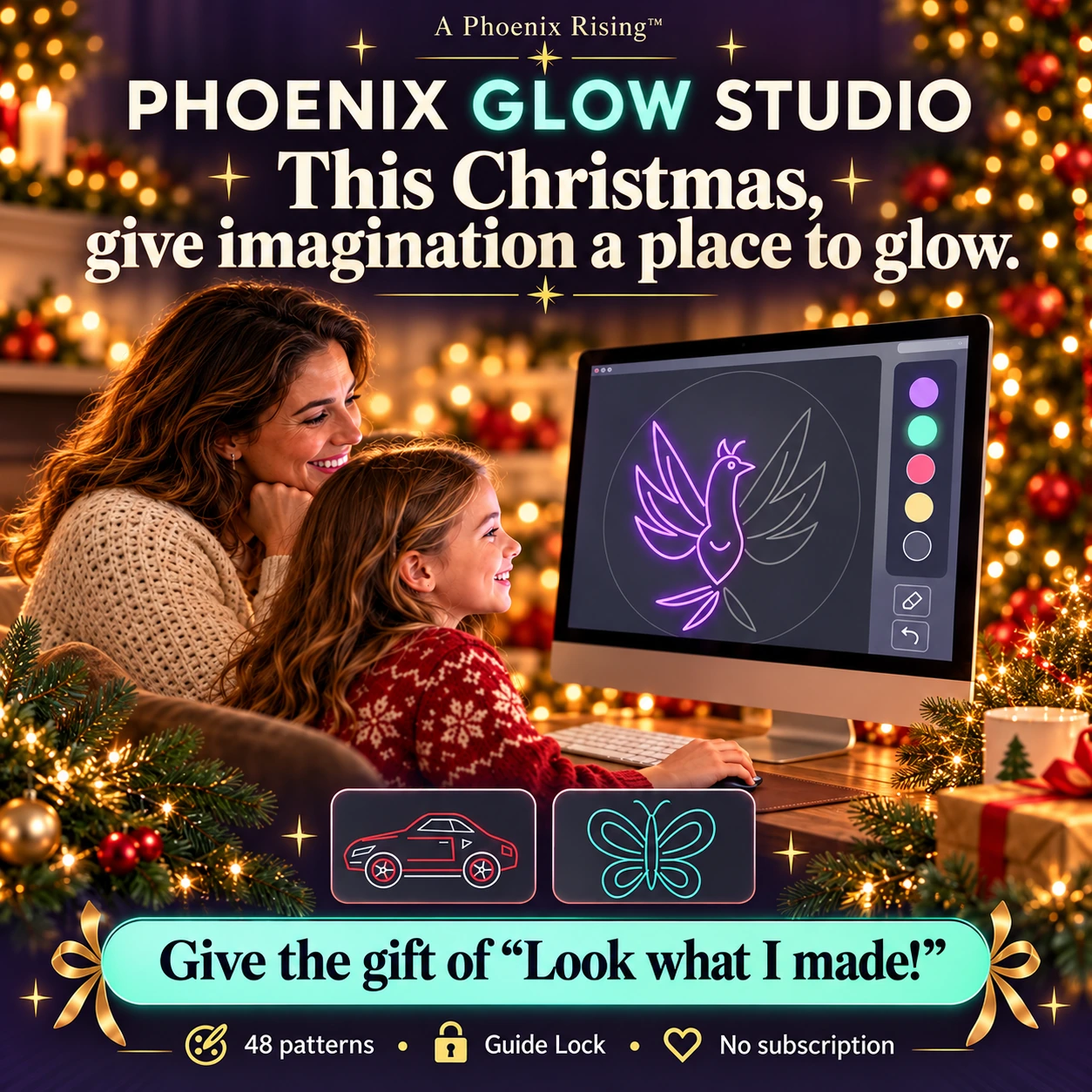 Christmas cover for Phoenix Glow Studio, showing a mother and child creating a glowing phoenix, with car and butterfly examples